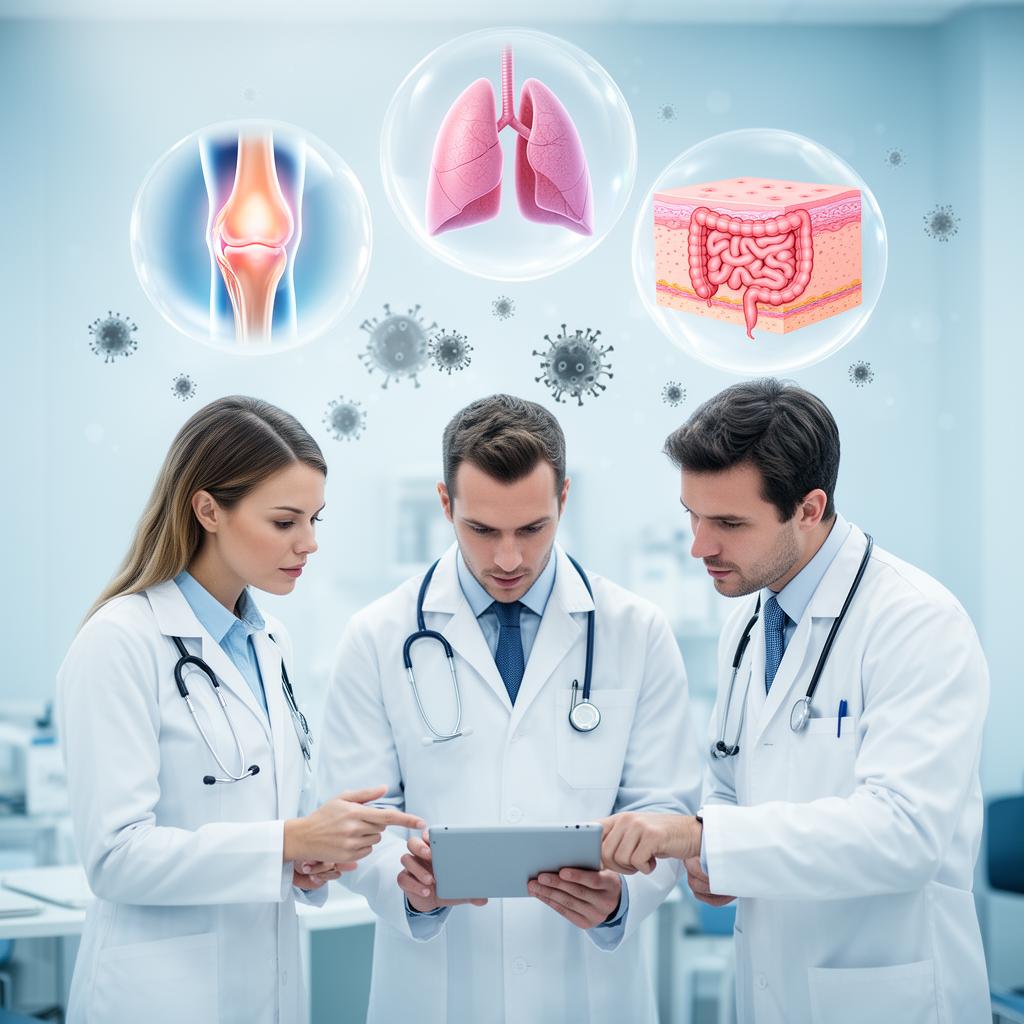 Médicos especialistas reunidos em discussão clínica multidisciplinar